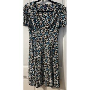 Chaps Womens Dress SZ M Pebble Print Jersey Knit Office Modest Blue Tan Brown